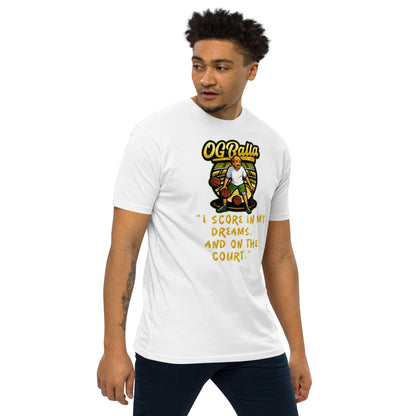 OGBALLA « NOUVEAU » T-shirt humoristique avec citation de basket-ball | « Je marque dans mes rêves et sur le terrain » | Funny Sports Premium Heavyweight Tee